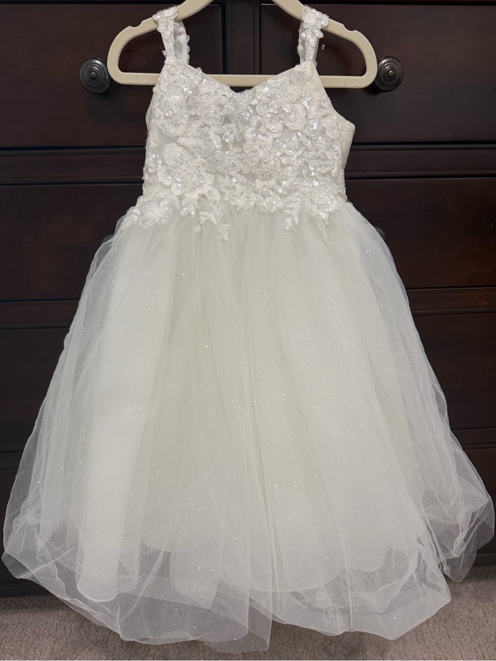 David's Bridal Ivory Floral Lace Sparkle Tulle Girls Party Dress - Picture 2 of 6